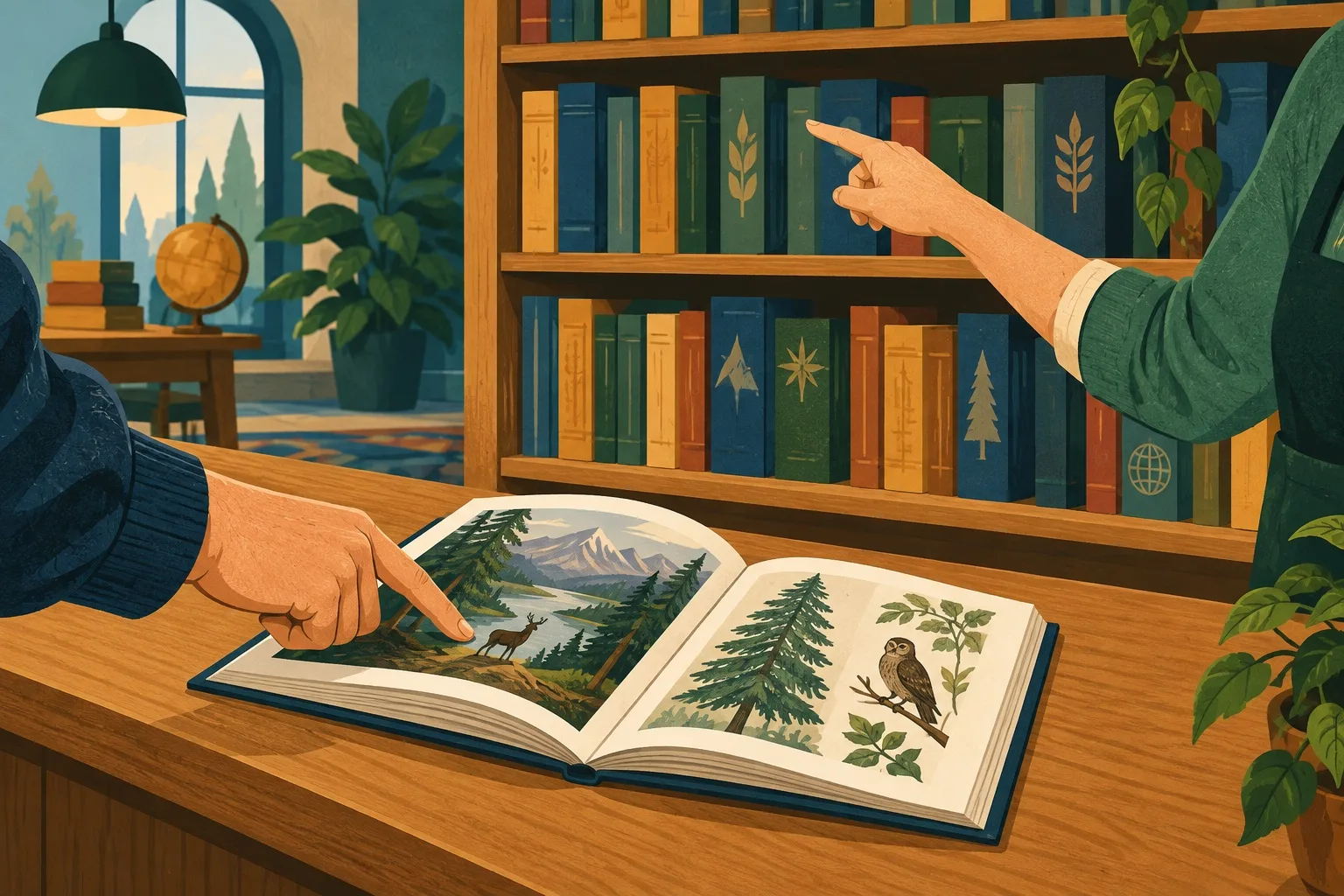 架空の図書館カウンターで、開いた本のページを指す手と、本棚の方向を案内する手が描かれている。