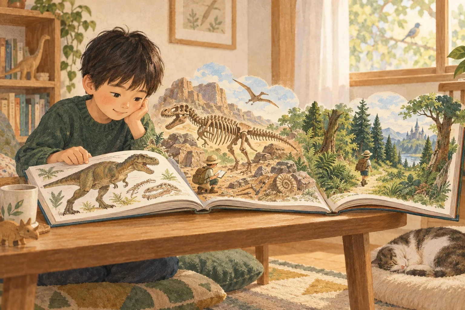 恐竜の図鑑から、発掘や物語の世界へ想像がつながる子どものイラスト