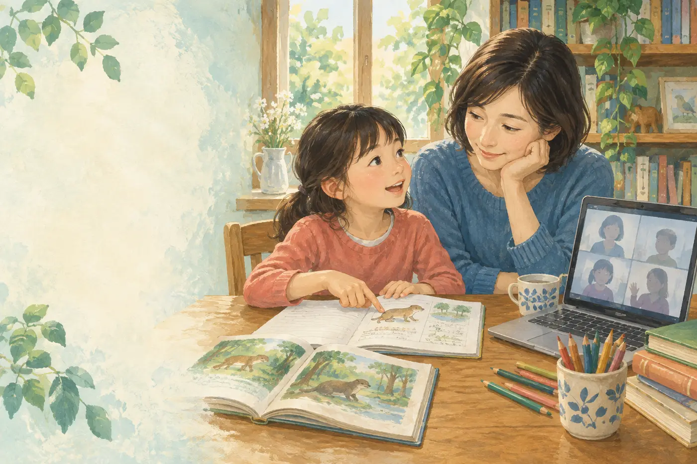子どもの話を聞く保護者を描いたイメージイラスト