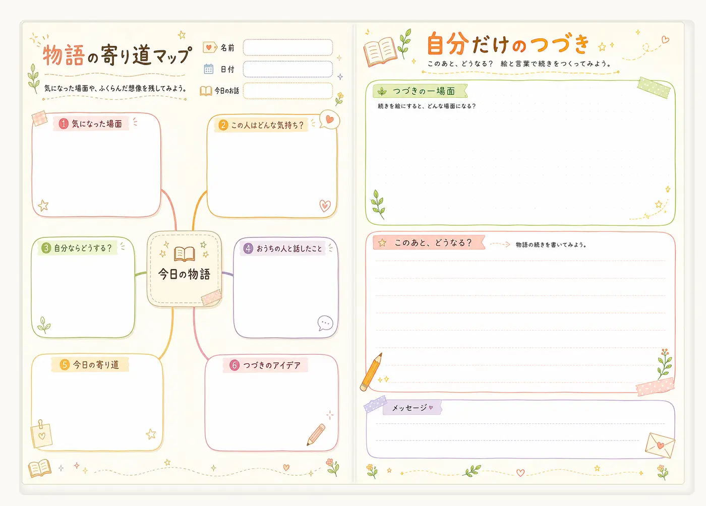 気になった場面や自分ならどうするかを描く欄と、自分だけの続きを書く欄があるワークブック